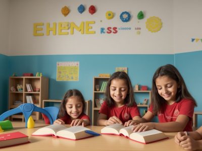 Educadora contando histórias para crianças em sala de aula, com fantoches e livros ilustrados.
