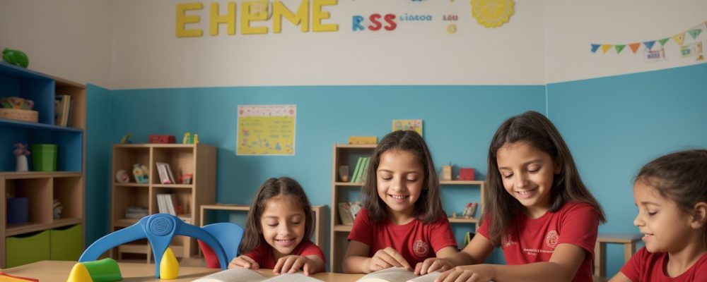 Educadora contando histórias para crianças em sala de aula, com fantoches e livros ilustrados.