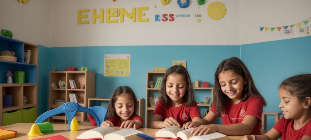Educadora contando histórias para crianças em sala de aula, com fantoches e livros ilustrados.