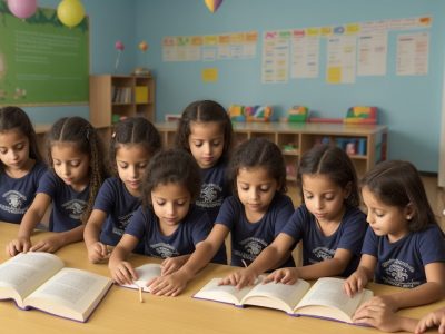 Crianças em uma sala de aula colorida, participando ativamente de um curso de contação de histórias, com livros e fantoches.