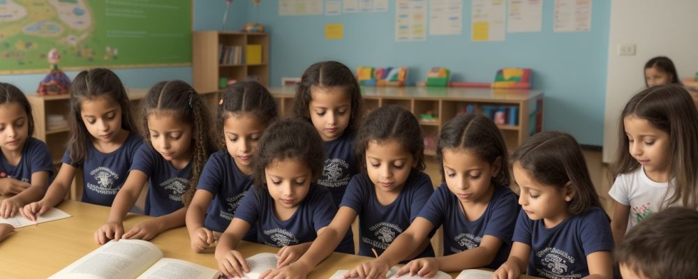 Crianças em uma sala de aula colorida, participando ativamente de um curso de contação de histórias, com livros e fantoches.