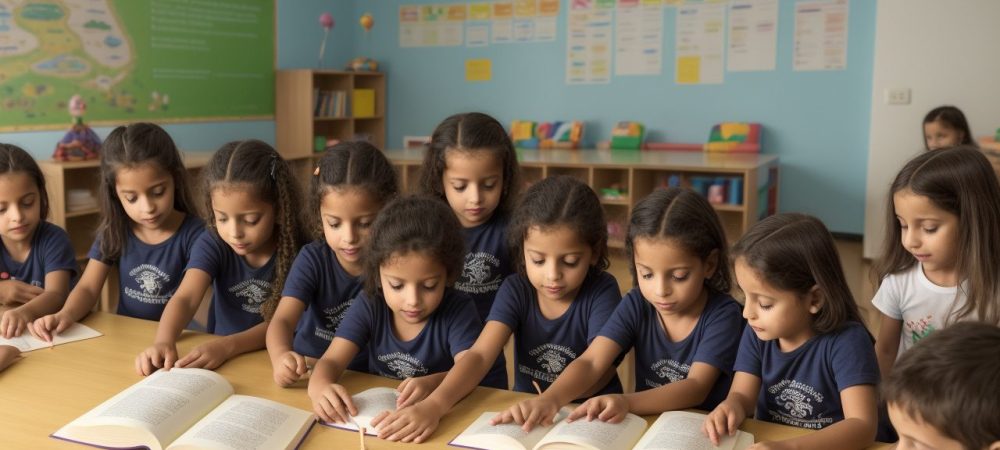 Crianças em uma sala de aula colorida, participando ativamente de um curso de contação de histórias, com livros e fantoches.