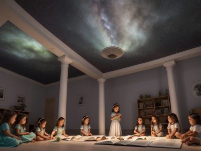 Crianças ouvindo atentas a contação de histórias infantil em um ambiente lúdico e acolhedor, com livros e fantoches.