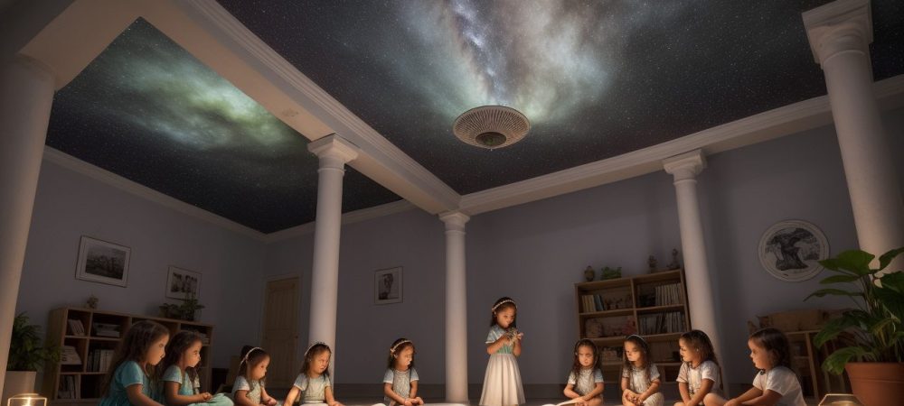 Crianças ouvindo atentas a contação de histórias infantil em um ambiente lúdico e acolhedor, com livros e fantoches.