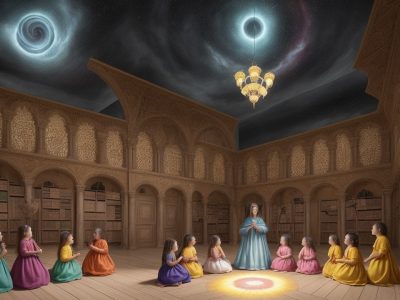 Crianças ouvindo histórias com um livro aberto e personagens fantásticos em um ambiente acolhedor, representando a contação de histórias infantil.