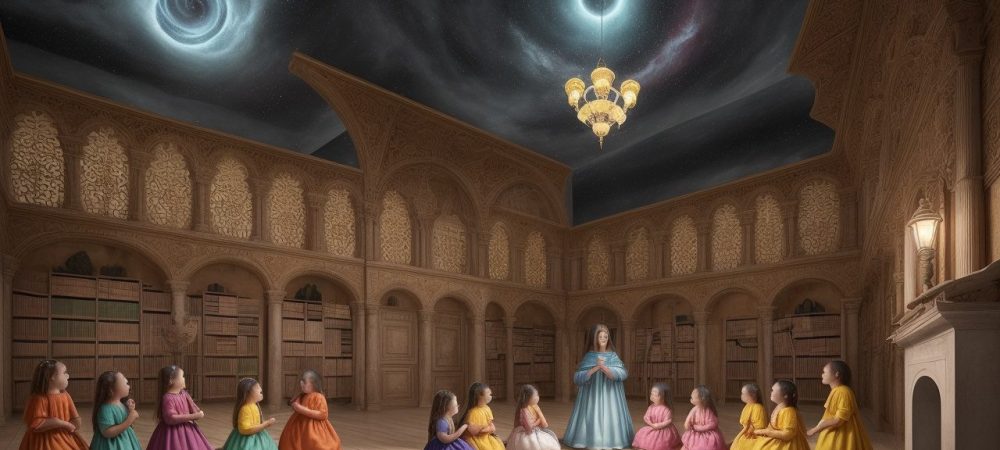 Crianças ouvindo histórias com um livro aberto e personagens fantásticos em um ambiente acolhedor, representando a contação de histórias infantil.