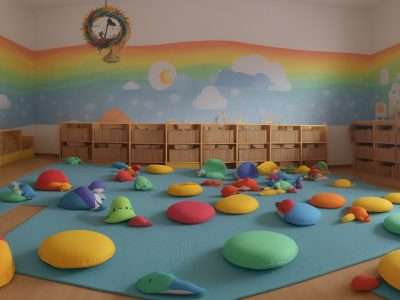 Crianças e educador interagindo em um ambiente acolhedor durante aula de contação de histórias.