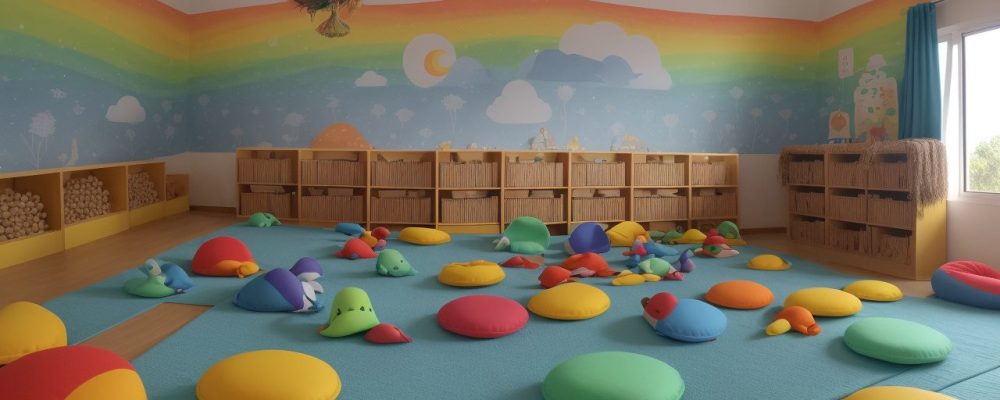 Crianças e educador interagindo em um ambiente acolhedor durante aula de contação de histórias.