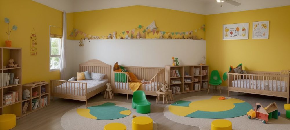 Educadora contando histórias para crianças em sala de aula, com elementos visuais que estimulam a imaginação e o aprendizado.