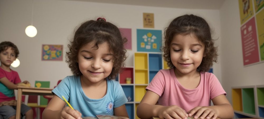 Crianças envolvidas em atividade de contação de histórias infantil com uso de fantoches e recursos visuais, promovendo aprendizado e diversão.