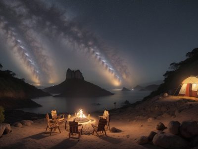 Crianças ouvindo uma contadora de histórias, com elementos visuais que estimulam a imaginação e o aprendizado, em uma cena mágica.