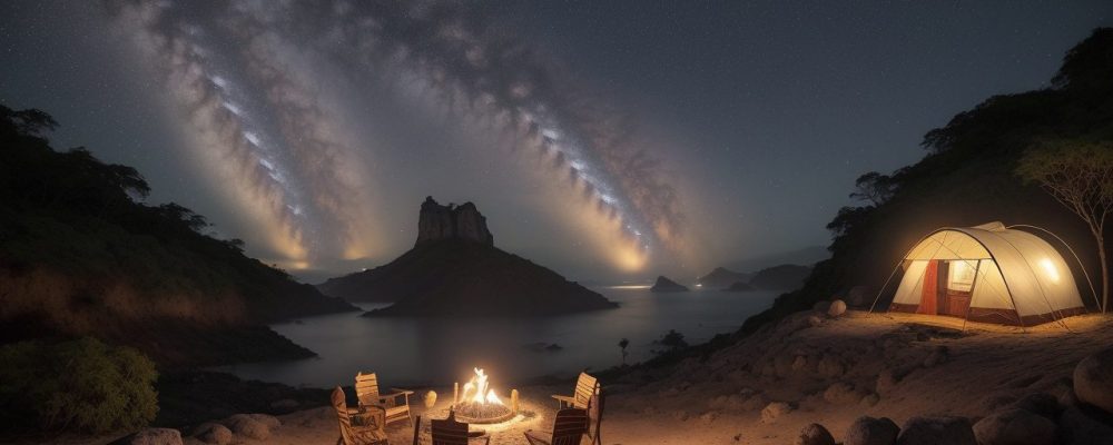 Crianças ouvindo uma contadora de histórias, com elementos visuais que estimulam a imaginação e o aprendizado, em uma cena mágica.