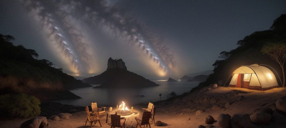 Crianças ouvindo uma contadora de histórias, com elementos visuais que estimulam a imaginação e o aprendizado, em uma cena mágica.