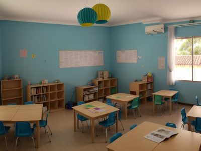 Crianças ouvindo atentas uma contação de histórias na sala de aula, com livros e elementos visuais que estimulam a imaginação