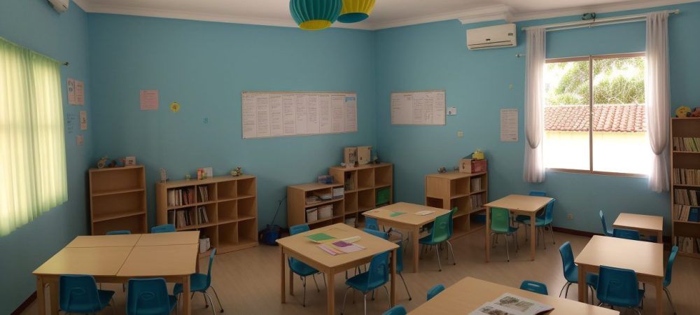 Crianças ouvindo atentas uma contação de histórias na sala de aula, com livros e elementos visuais que estimulam a imaginação