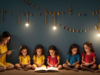 Crianças ouvindo contação de histórias infantil em um ambiente acolhedor e colorido, estimulando a imaginação.