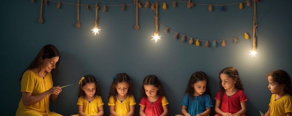 Crianças ouvindo contação de histórias infantil em um ambiente acolhedor e colorido, estimulando a imaginação.