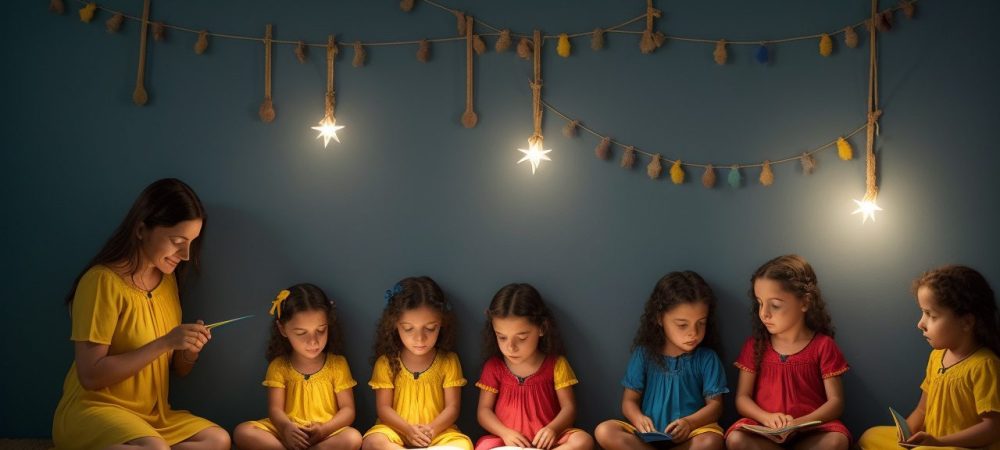 Crianças ouvindo contação de histórias infantil em um ambiente acolhedor e colorido, estimulando a imaginação.