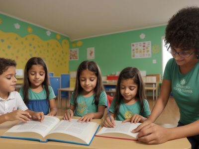 Crianças reunidas ouvindo uma contação de histórias infantil com fantoches e recursos visuais, em um ambiente acolhedor e colorido