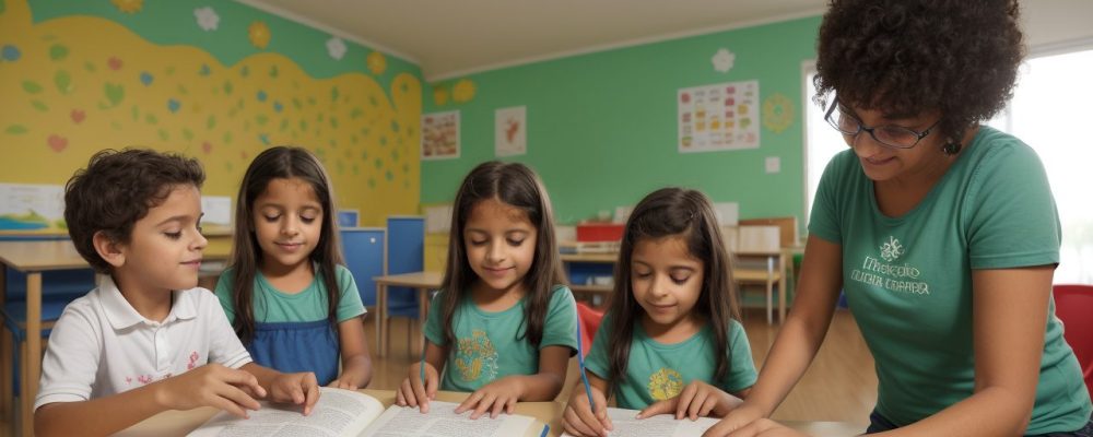 Crianças reunidas ouvindo uma contação de histórias infantil com fantoches e recursos visuais, em um ambiente acolhedor e colorido