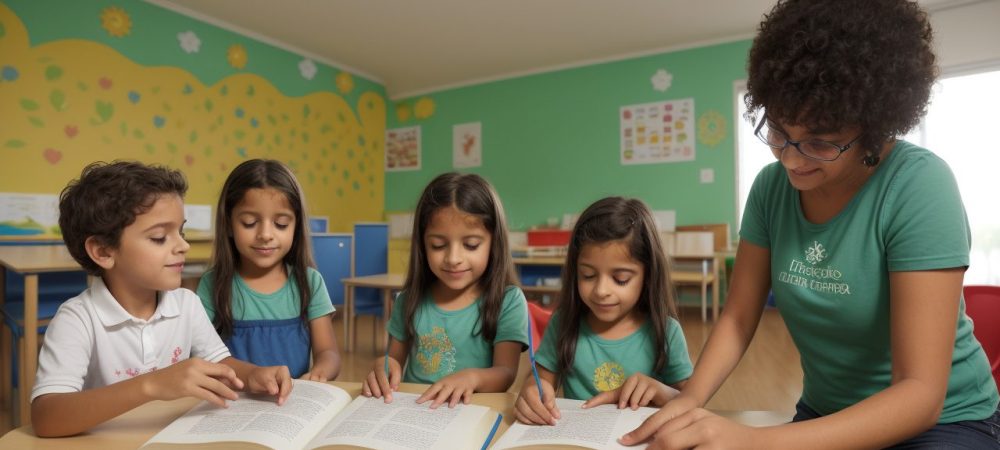 Crianças reunidas ouvindo uma contação de histórias infantil com fantoches e recursos visuais, em um ambiente acolhedor e colorido
