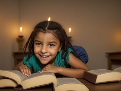 Crianças reunidas em um ambiente acolhedor, ouvindo atentamente uma contadora de histórias, com livros e elementos visuais que enriquecem a narrativa.