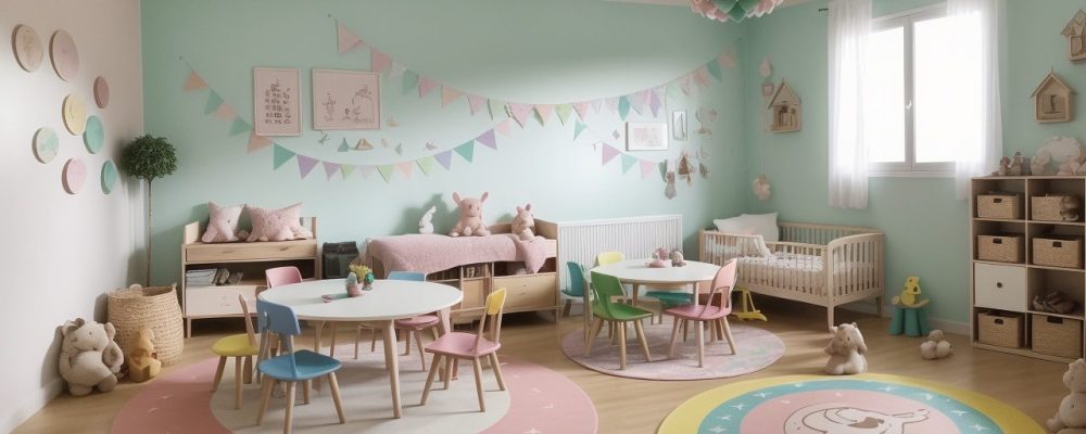 Crianças em sala de aula ouvindo uma história, com um contador de histórias gesticulando, em um ambiente acolhedor e colorido. Ilustração vibrante.