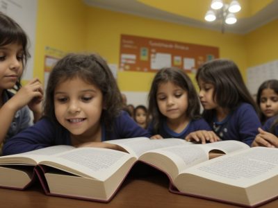 Crianças envolvidas em atividades de contação de histórias em uma sala de aula colorida e interativa, com foco em storytelling infantil.