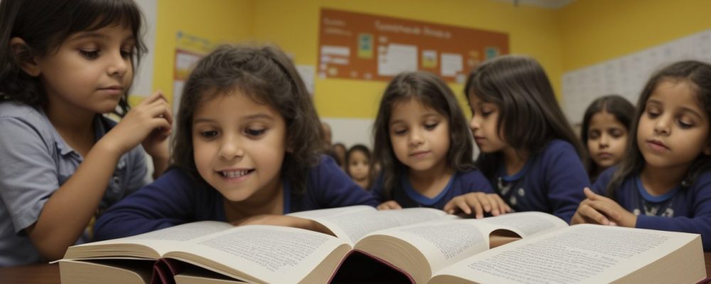 Crianças envolvidas em atividades de contação de histórias em uma sala de aula colorida e interativa, com foco em storytelling infantil.