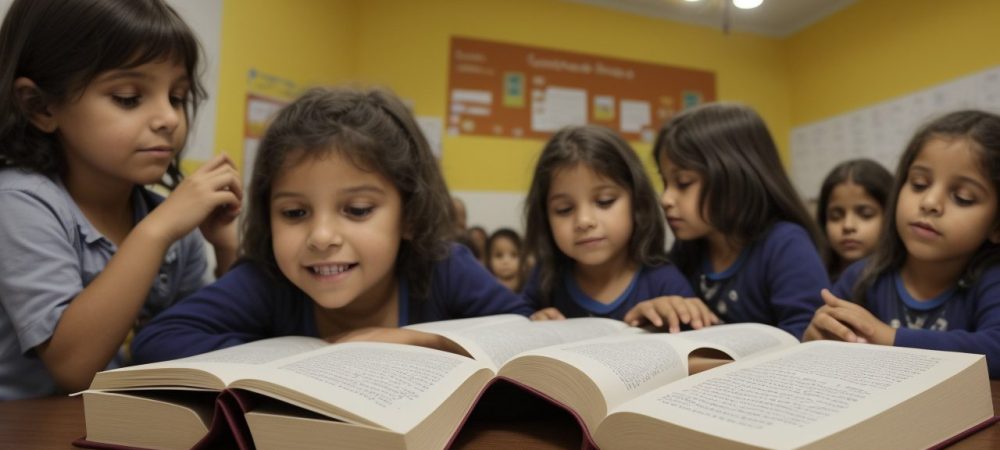 Crianças envolvidas em atividades de contação de histórias em uma sala de aula colorida e interativa, com foco em storytelling infantil.