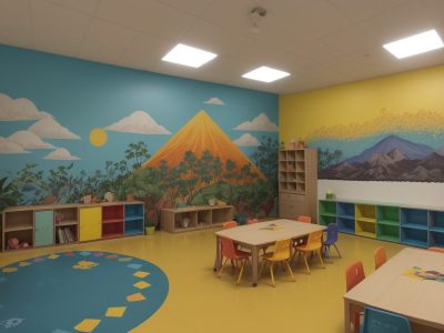 Crianças e educadora em um ambiente de contação de histórias na educação infantil, com elementos visuais que estimulam a imaginação e o aprendizado.