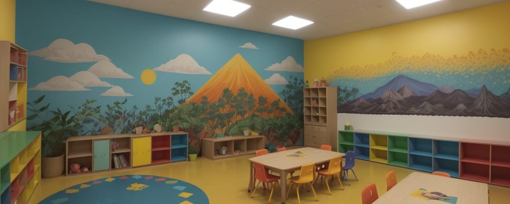 Crianças e educadora em um ambiente de contação de histórias na educação infantil, com elementos visuais que estimulam a imaginação e o aprendizado.