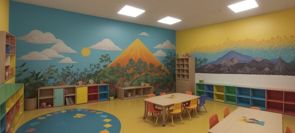 Crianças e educadora em um ambiente de contação de histórias na educação infantil, com elementos visuais que estimulam a imaginação e o aprendizado.