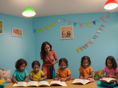 Crianças ouvindo e interagindo em atividades de contação de histórias, com foco nos benefícios da contação na escola e no desenvolvimento infantil.