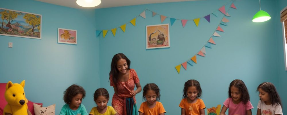 Crianças ouvindo e interagindo em atividades de contação de histórias, com foco nos benefícios da contação na escola e no desenvolvimento infantil.