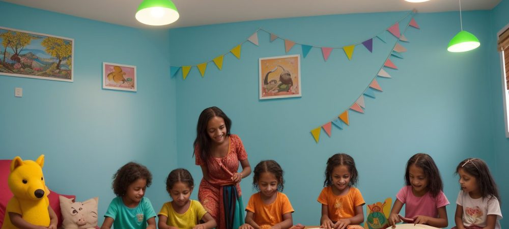 Crianças ouvindo e interagindo em atividades de contação de histórias, com foco nos benefícios da contação na escola e no desenvolvimento infantil.