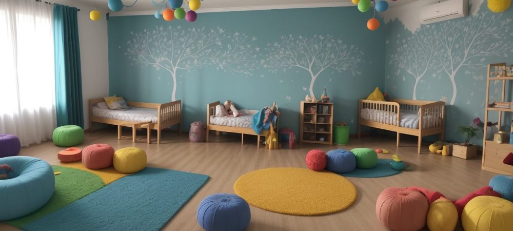 Crianças ouvindo uma contadora de histórias em uma sala de aula, com recursos visuais e um ambiente acolhedor, promovendo o aprendizado e a criatividade