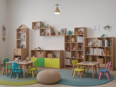 Crianças e educadora em um momento de contação de histórias na educação infantil, com livros e fantoches.