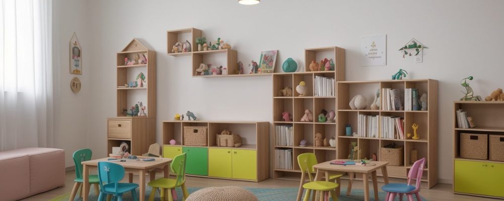 Crianças e educadora em um momento de contação de histórias na educação infantil, com livros e fantoches.