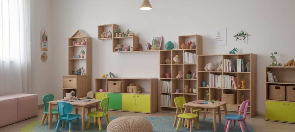 Crianças e educadora em um momento de contação de histórias na educação infantil, com livros e fantoches.