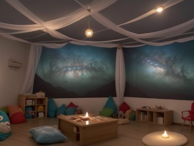 Professor contando histórias para crianças em sala de aula, com elementos visuais e expressividade.