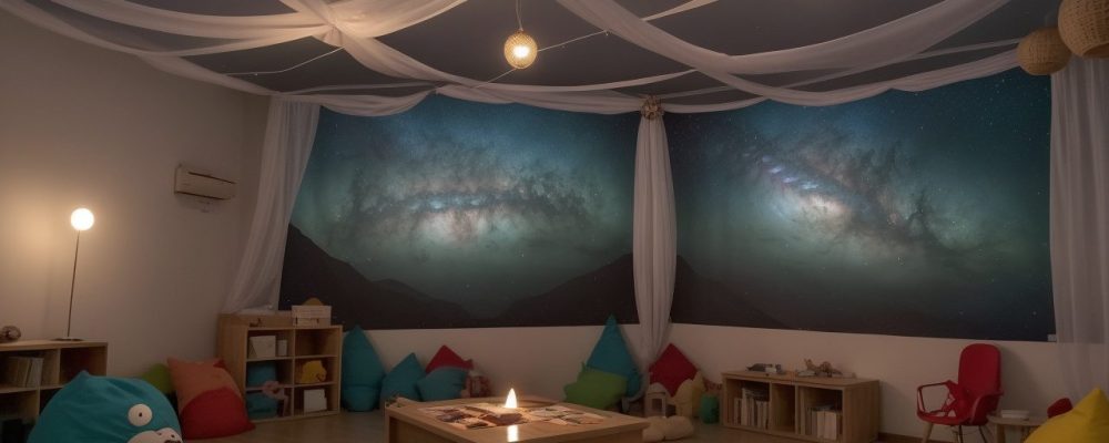 Professor contando histórias para crianças em sala de aula, com elementos visuais e expressividade.