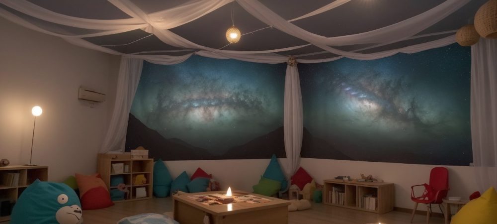 Professor contando histórias para crianças em sala de aula, com elementos visuais e expressividade.