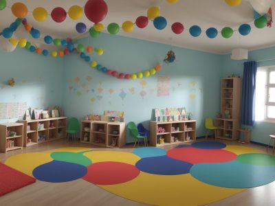 Crianças e educadora em um ambiente de contação de histórias, usando fantoches e recursos visuais para aprendizado lúdico na educação infantil