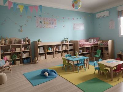 Crianças ouvindo atentas uma contação de histórias, com livros e recursos visuais, demonstrando a importância da contação na educação infantil.