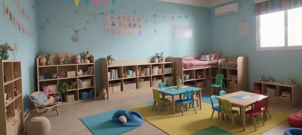 Crianças ouvindo atentas uma contação de histórias, com livros e recursos visuais, demonstrando a importância da contação na educação infantil.