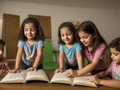Crianças atentas ouvindo contação de histórias na educação infantil, com livros ilustrados e fantoches para aprender e se divertir