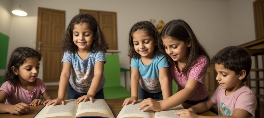 Crianças atentas ouvindo contação de histórias na educação infantil, com livros ilustrados e fantoches para aprender e se divertir