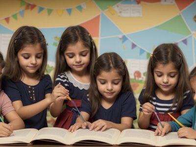 Crianças e professora em uma sala de aula vibrante durante contação de histórias na educação infantil, utilizando fantoches e recursos visuais para engajamento.