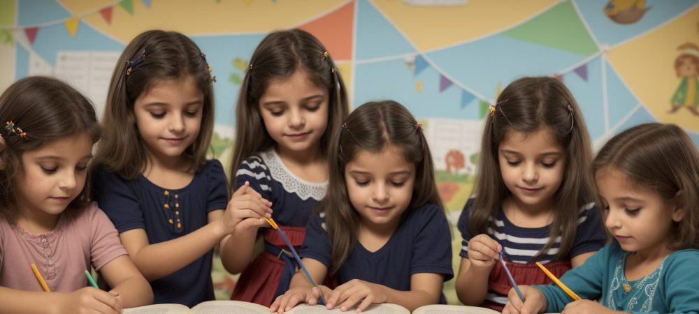 Crianças e professora em uma sala de aula vibrante durante contação de histórias na educação infantil, utilizando fantoches e recursos visuais para engajamento.